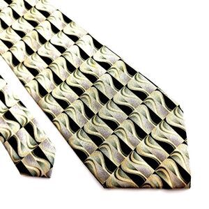 Unbranded Black Tan Green Abstract Print Geometric Wide Silk‎ Tie
